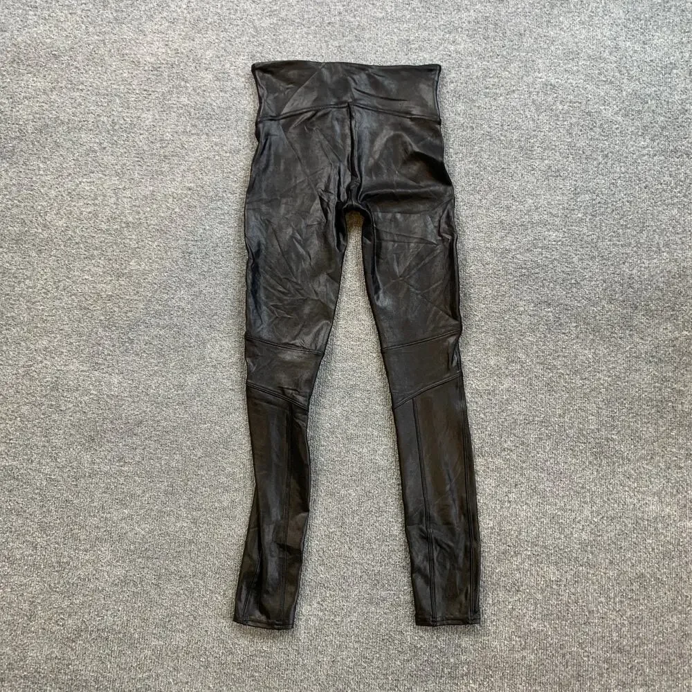 Spanx Leggings Womens S Small Black Faux Leather Moto Coated Wide Waistband